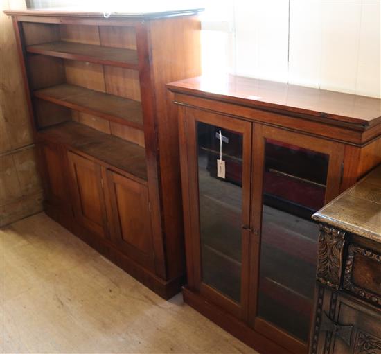 Victorian walnut open bookcase, cupboards to base & a similar glazed low bookcase